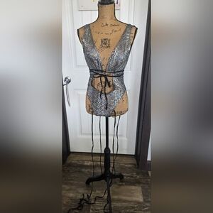 Sequin Deep V Lace-Up Bodysuit - Silver S